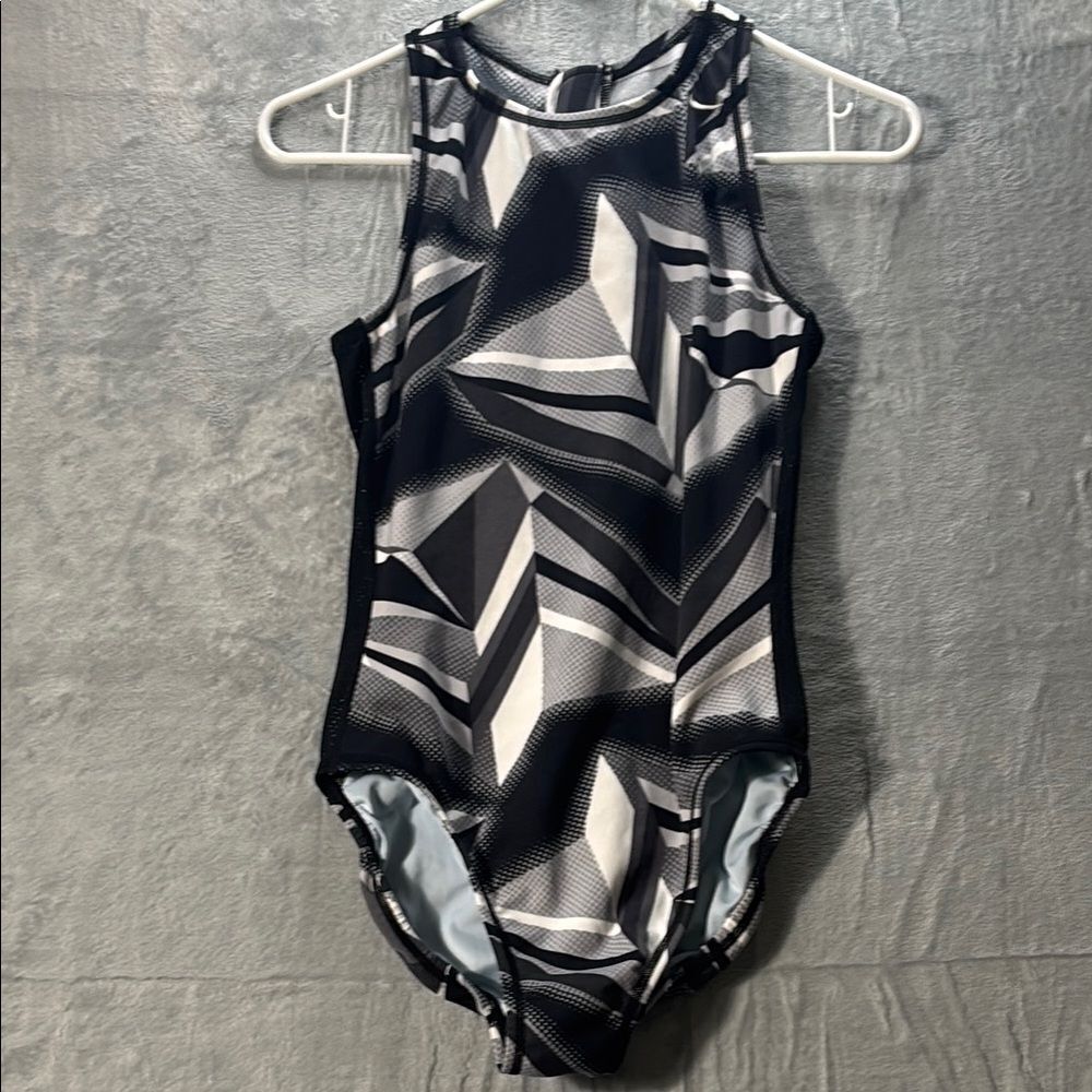 Nike Black Gray Racerback One Piece Swim Suit Zipper Closure Mesh Detail Size 6